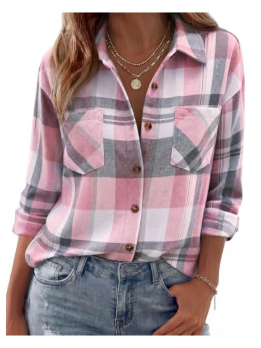 Womens Flannel Plaid Button Down Shirt Long Sleeve Casual Fall Top
